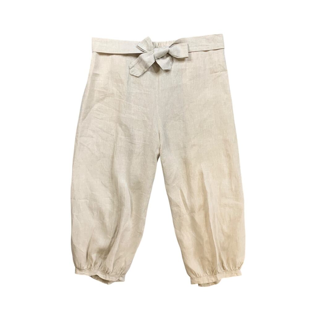 Bryn Walker Pants Womens 1X Plus Cream Linen Bow Tie Waist Elastic Cuff Capri
